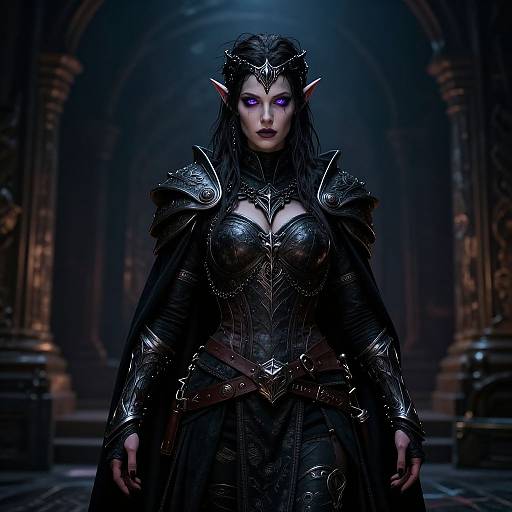 Digital artwork of a dark elf woman with glowing purple eyes, black armor, and long hair, standing in a dimly lit, arched stone corridor