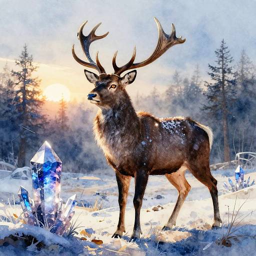 Photograph of a majestic, snow-covered deer with large antlers standing in a sunlit, snowy forest, surrounded by glowing blue crystals.