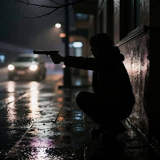 Silhouetted Figure Aiming Gun in Rainy Night