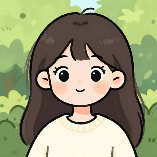 Cartoon-style digital drawing of a cute, smiling girl with black hair, big black eyes, and a white shirt, set against a green, sun