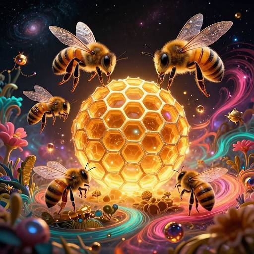 Digital artwork of vibrant, glowing honeycomb surrounded by six detailed honeybees with translucent wings, amidst colorful, swirling flowers and cosmic background.