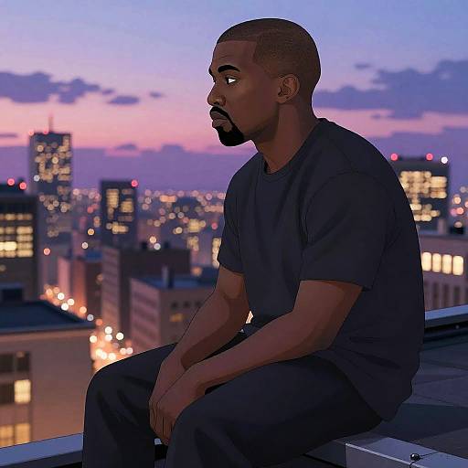 Digital illustration of a Black man with a trimmed beard and short hair, sitting on a rooftop at dusk, wearing a dark t-shirt and pants, g