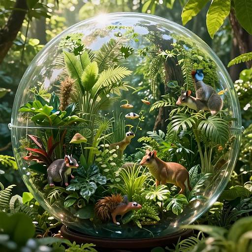 Photograph of a detailed, glass snow globe filled with vibrant, miniature jungle flora and fauna, including birds, squirrels, and plants.