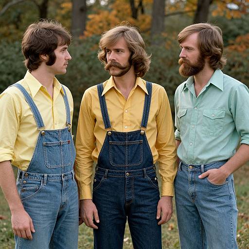 Photograph of three men with 70s-style fashion: two in yellow shirts, blue jeans, and suspenders, one in green shirt, blue