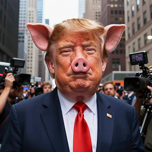 Photograph of a man with a pig's face, wearing a black suit, white shirt, red tie, and blonde hair, surrounded by cameras in