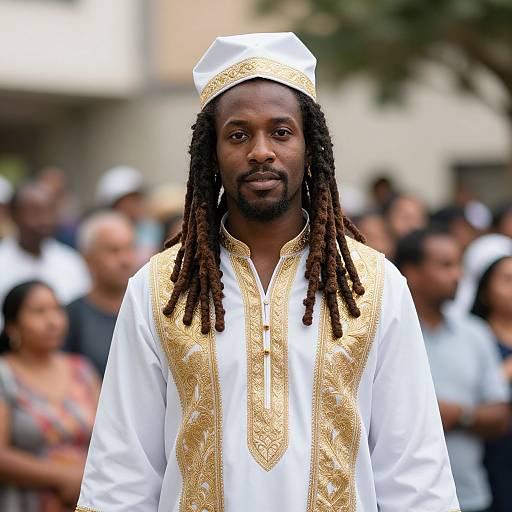Photograph of a Black man with long dreadlocks, wearing a white and gold embroidered traditional outfit and white cap, standing in front of a blurred crowd