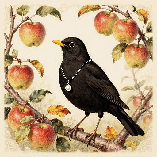 Vintage Blackbird in Autumn Orchard