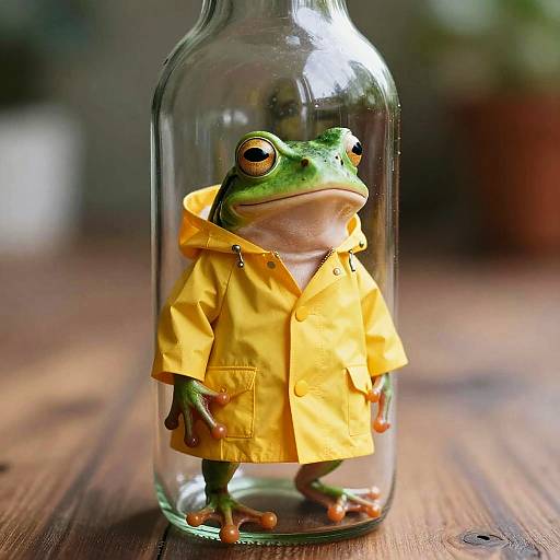Photograph of a green frog wearing a yellow raincoat inside a clear glass bottle, standing on a wooden surface.