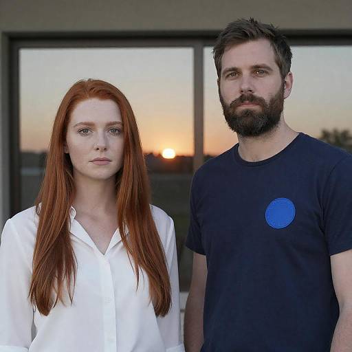 Two People Standing Indoors at Sunset