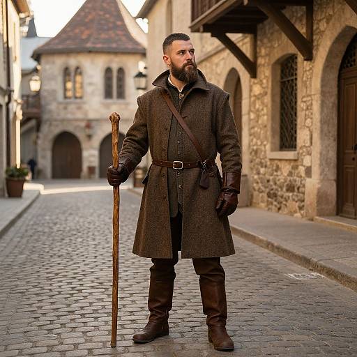 Photograph of a bearded man with a full brown coat, leather gloves, and wooden staff, standing on a cobblestone medieval street.