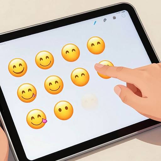 Photograph of a hand touching a tablet screen displaying nine yellow smiley faces, including one with a tongue out.