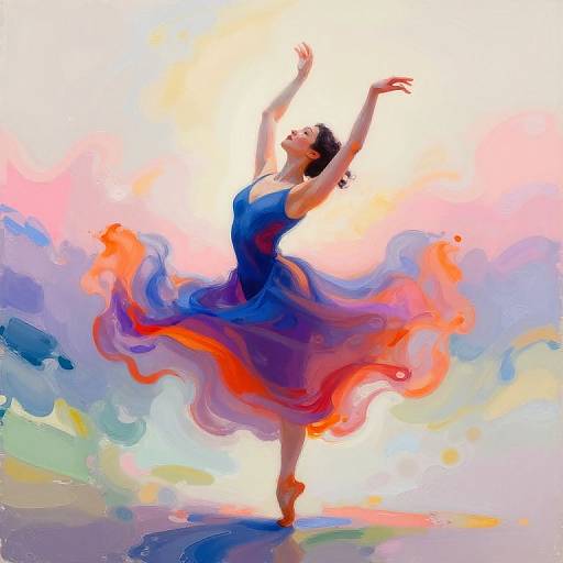 Digital painting of a graceful ballerina in a flowing blue dress, arms raised, surrounded by vibrant, swirling colors of pink, orange, and purple