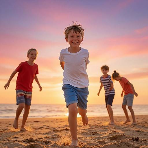 Children Playing Beach Sunset Smiles