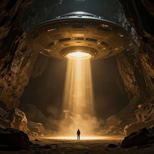 Photograph-like digital art: Silhouetted figure stands beneath glowing, beam-like light emanating from futuristic, circular spaceship in dark, rocky cave
