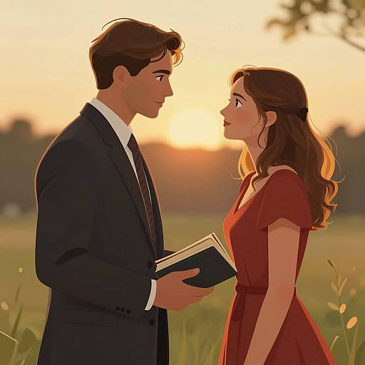Digital illustration of a man in a black suit holding a book, facing a woman in a red dress at sunset in a field.
