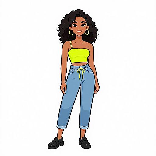Digital illustration of a smiling Black woman with curly hair, wearing a yellow strapless top, blue high-waisted capri pants, and black loaf