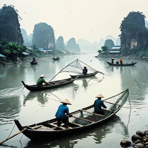 Fishermen Casting Nets on Misty Vietnamese River