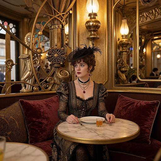 Steampunk-style photograph of a Victorian woman in black lace dress, feathered hat, and necklace, sitting in ornate, golden-lit café