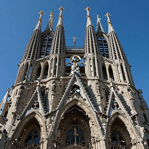 Photograph of Notre-Dame Cathedral's Gothic façade, showcasing intricate stone carvings, pointed arches, and towering spires against a clear