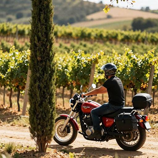 Rider and Red Motorcycle in Vineyard