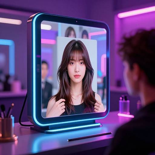 Photograph of an East Asian woman with long brown hair, wearing a black top, reflected in a glowing neon-framed mirror in a modern, purple