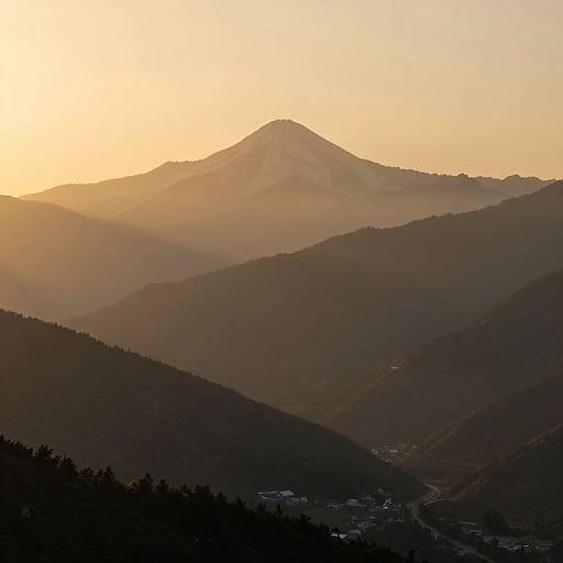 Photograph of a sunrise over a mountain range with layers of misty hills, dark silhouetted forests in the foreground, and a sunlit