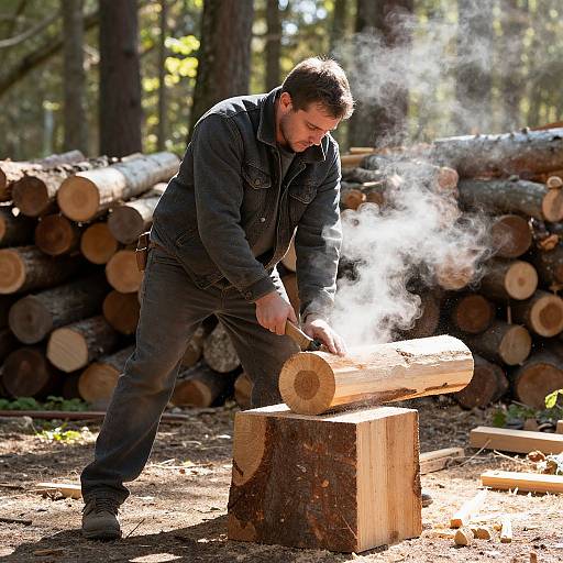 Photograph of a bearded man in black denim, splitting a wooden log with an axe, surrounded by stacked logs in a forest. Bright sunlight,