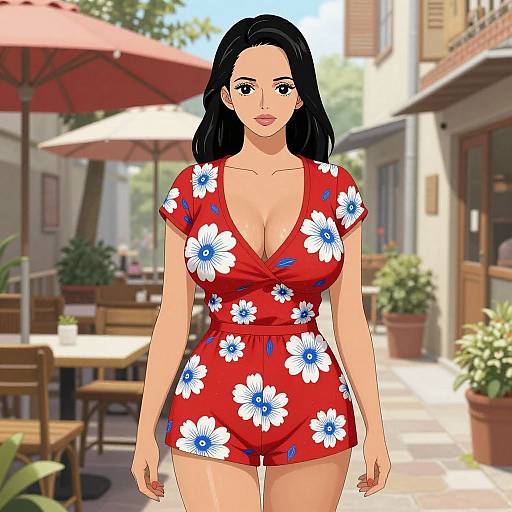 Digital anime-style illustration of a curvy woman with large breasts, black hair, wearing a red floral romper, standing in a sunny, outdoor café