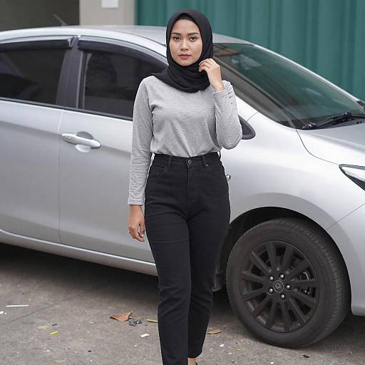 Asian Woman by Silver Car in Hijab