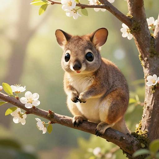 Photograph of an adorable, fluffy brown opossum with large black eyes, sitting on a mossy tree branch adorned with white blossoms, bath
