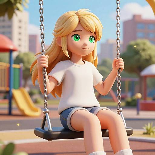 CGI image of a blonde girl with green eyes, wearing a white shirt and denim shorts, sitting on a swing in a sunny playground.