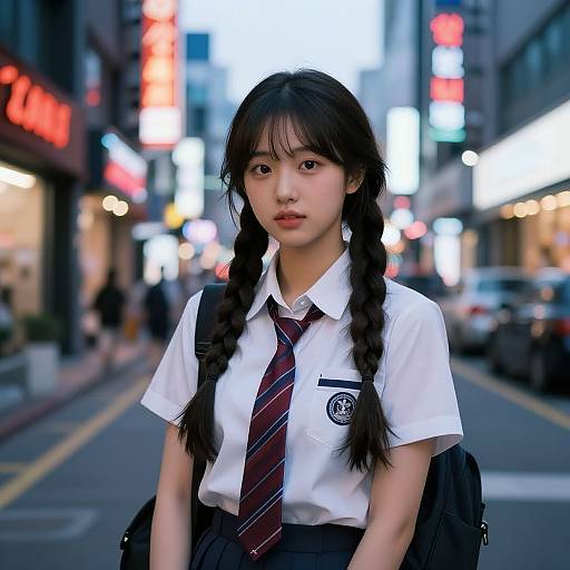 Korean Schoolgirl in Neon Cityscape