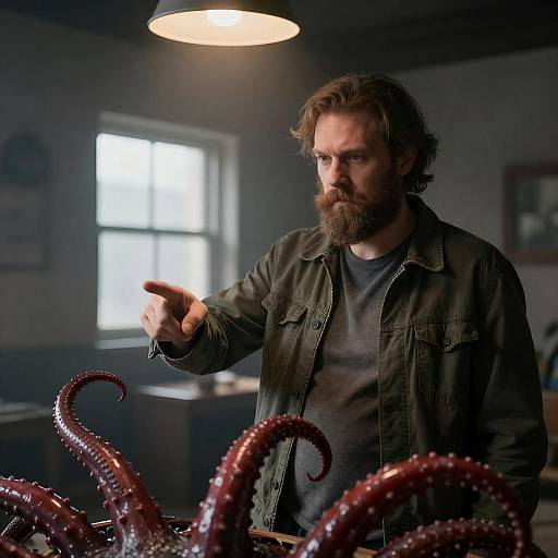 Mysterious Bearded Man in Dim Room