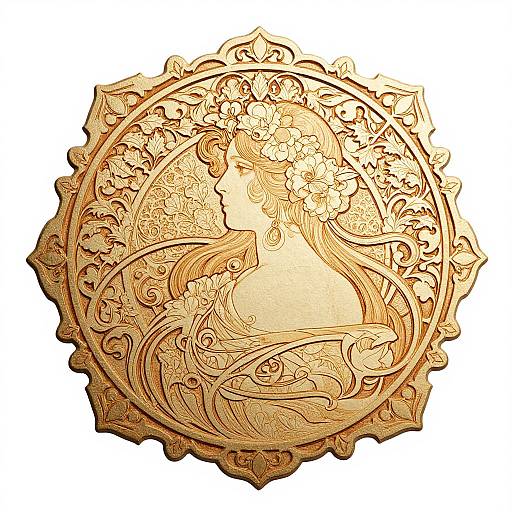 Ornate, golden, Art Nouveau-style brooch featuring a detailed, side-profile female figure with flowing hair and floral patterns, surrounded by intricate