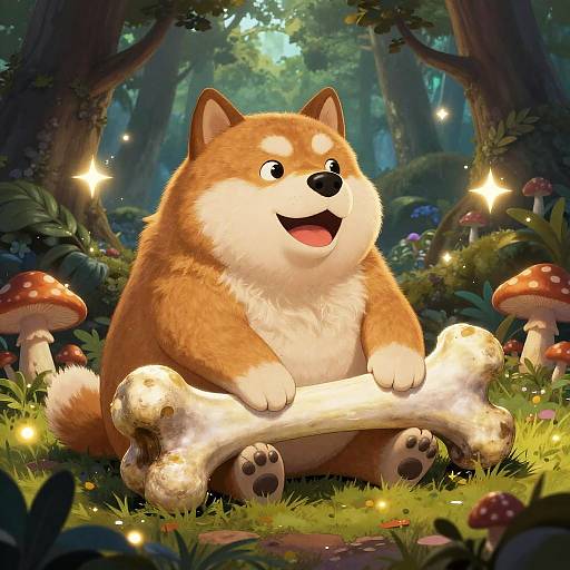Cute, chubby, brown and white Shiba Inu dog joyfully holding a glowing bone in a magical forest with fireflies and mushrooms. Digital