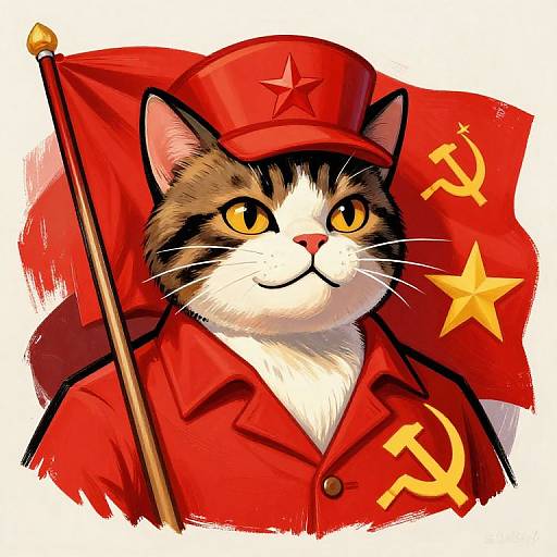 Digital illustration of a cat with orange eyes, wearing a red Soviet cap and jacket, holding a flag with hammer and sickle and star. The flag