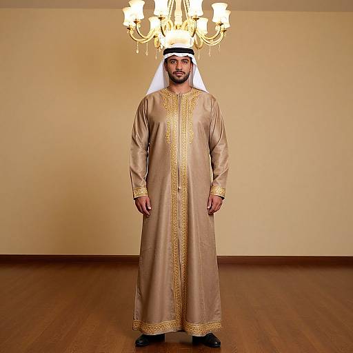 Photograph of a Middle Eastern man in a beige, gold-embroidered traditional thobe, white headscarf, standing in a warmly lit