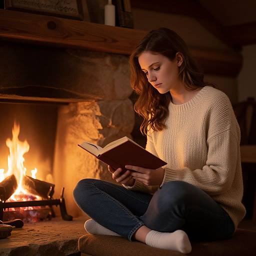 Cozy Cabin Reading by Fireplace
