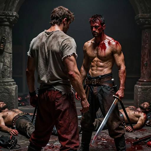 Dramatic Duel in a Bloodied Room