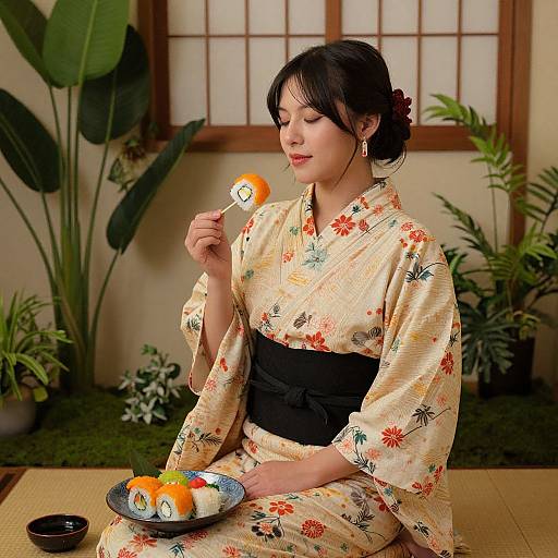 Japanese woman in floral kimono, black obi, eating orange lollipop, holding plate with sushi, sitting on tatami mat, indoor garden.