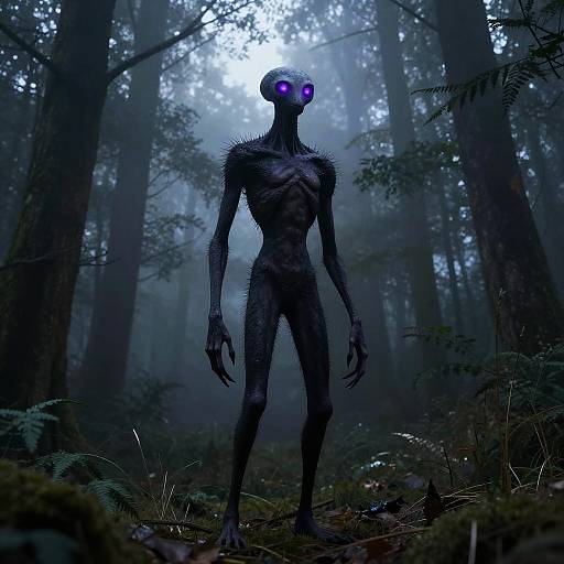 Digital artwork of a dark, alien creature with glowing purple eyes standing in a foggy, moonlit forest, surrounded by tall trees and dense underbrush