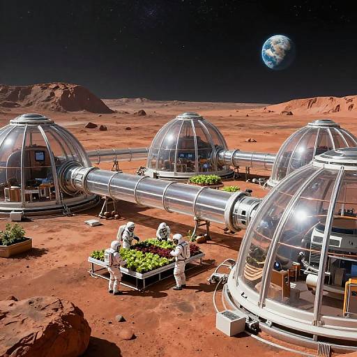 Photorealistic CGI of a Martian landscape with three transparent domed greenhouses, astronauts tending plants, and a planet visible in the night sky.