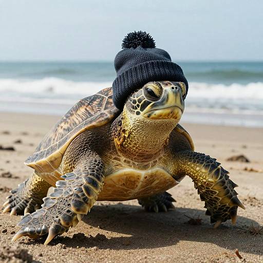 Turtle Wearing Beanie on Beach
