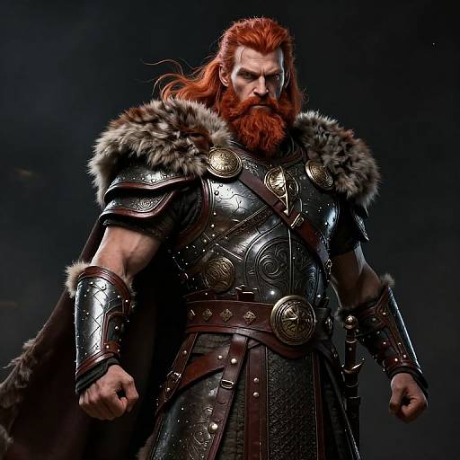 Photorealistic CGI of a muscular, red-bearded man in shiny, black medieval armor with fur-trimmed cape, standing confidently against a dark