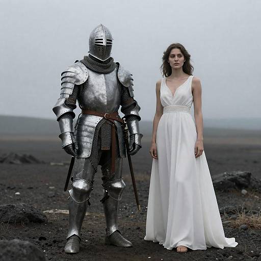 Silver-Helmed Knight and Woman in White
