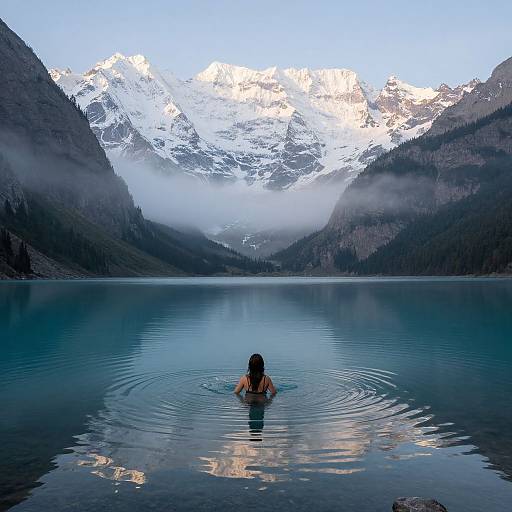 Photograph of a person with long hair swimming in a serene, reflective mountain lake, surrounded by snow-capped peaks and misty valleys.