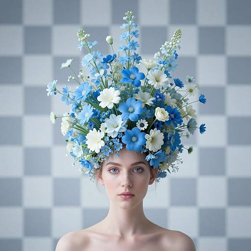 Photograph of a fair-skinned, blue-eyed woman with a large, elaborate floral headdress of blue and white flowers, set against a checkered