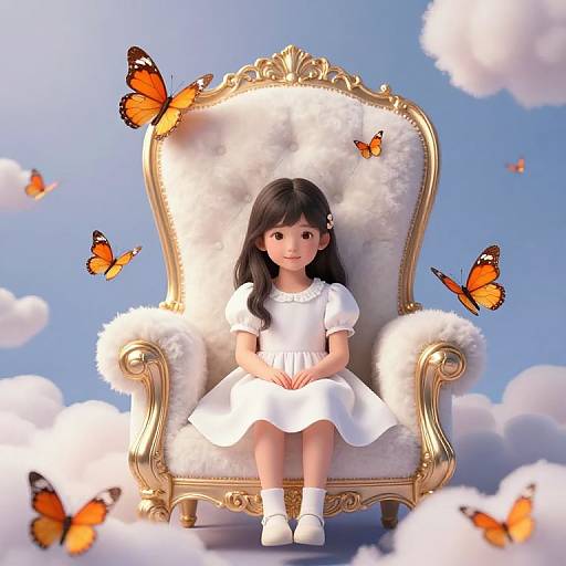 Digital illustration of a young girl with long black hair in a white dress, sitting on an ornate, gold-framed, fluffy armchair, surrounded