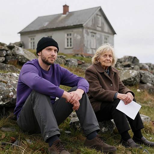 Man and Elderly Woman Sitting Outdoors by Rocky Hill