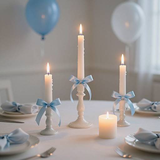 Photograph of a white table with four lit candles, each tied with blue ribbons, surrounded by folded blue napkins, a white candle, and
